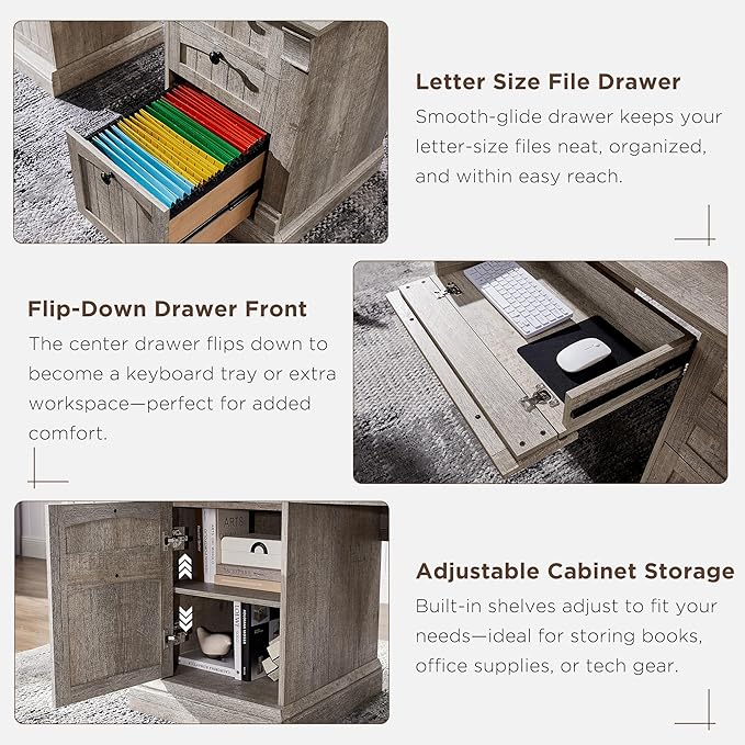 OKD 60" Executive Desk with Drawers, Farmhouse Home Office Desk with Charging Station, Keyboard Tray, File Cabinet Storage, Wood Computer Desk for Work and Study, Light Rustic Oak