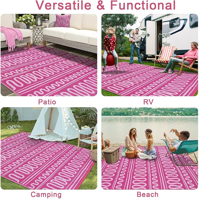 Beeiva Outdoor Waterproof Rug 8x10, Plastic Reversible Outdoor Camping Rug, Pink Patio Rug for Deck, Balcony, Backyard, Porch, Camping, Picnic - Pink