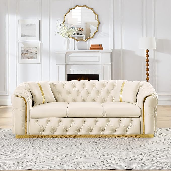 KEIKI 91" Luxury Oversized Velvet Chesterfield Sofa with Gold Stainless Steel Accents and 2 Pillows, Mid-Century Style 3-Seater Button Tufted Couch, Easy Assembly, for Apartment, Living Room, Beige