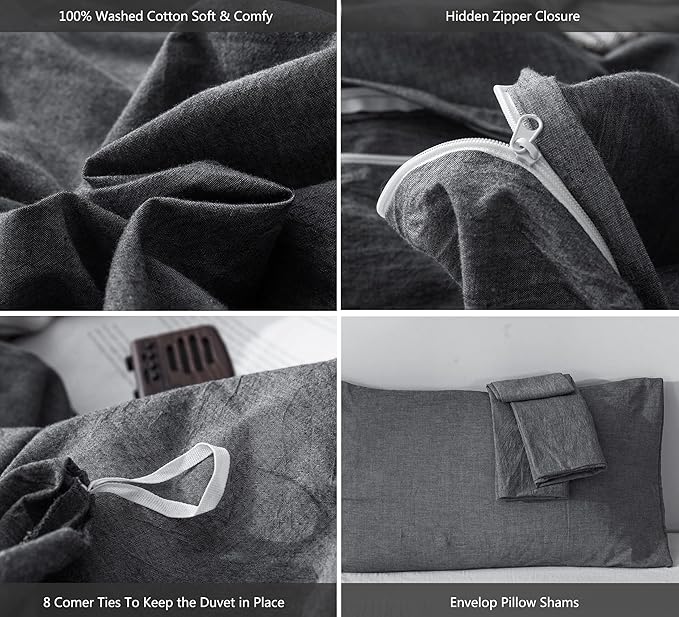 MooMee Bedding Duvet Cover Set 100% Washed Cotton Linen Like Textured Breathable Durable Soft Comfy (Heathered Dark Grey, Cal King 104"x98")