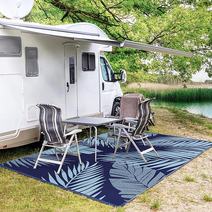 GENIMO Outdoor Rug 9' x 12' Waterproof for Patios Clearance, Reversible Outdoor Plastic Straw Camping Rug Carpet, Large Area Rugs Mats for RV, Camper, Deck, Balcony, Porch, Beach, Navy Blue&Baby Blue