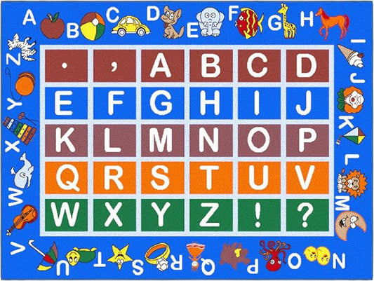 Ottomanson 5' x 6'6" Alphabet Kids Rug - Educational ABC Play Mat for Playroom, Bedroom, Daycare & Classroom - Fun & Interactive Learning Carpet - Durable & Non-Slip for High-Traffic Areas, Blue