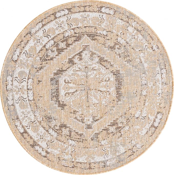 Unique Loom Outdoor Traditional Collection Area Rug - Valeria (4' 1" Round, Natural/ Ivory)