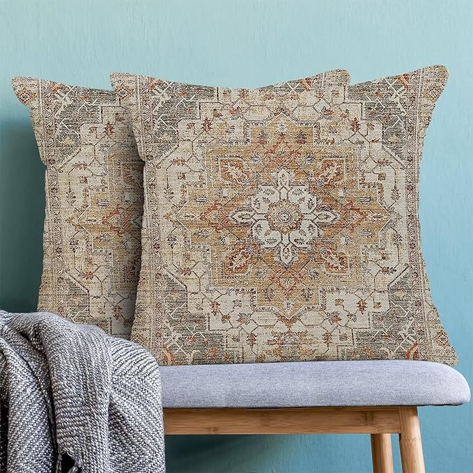 Boho Khaki Nature Throw Pillow Covers 18x18 Inch Set of 2, Carpet Pattern Neutral Decorative Throw Pillow Covers Bohemia Khaki Linen Outdoor Cushion Cover for Sofa Couch Farmhouse Room Decor