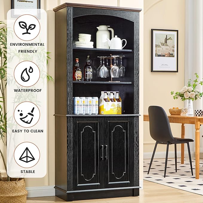 Black 5 Tier Book Shelf and Bookshelf with Storage Cabinet Doors, 72 Inch Tall Bookcase, Wooden Cube Storage Organizer, Kids Bookshelf, Display Cabinet for Bedroom Furniture, Living Room, Pantry