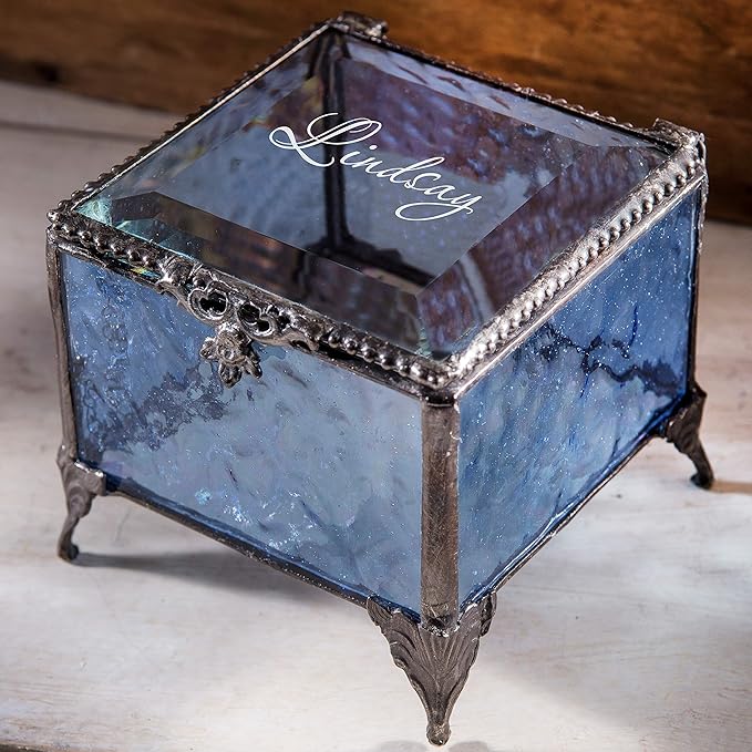 Personalized Blue Glass Box Decorative Vanity Display Case Storage Jewelry Organizer Keepsake Gift for Her Girl Women Vintage Decor J Devlin Ellen Box 837 EB245