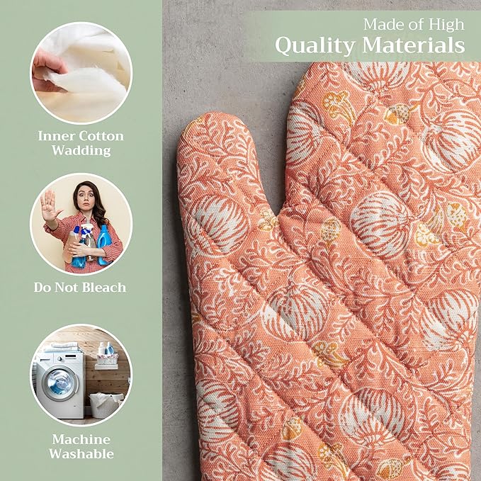 Maison d' Hermine Oven Gloves 100% Cotton Oven Mitt 7" x 13" with Loop Heat Resistant BBQ Cooking Gloves for Thanksgiving Christmas Decorations Baking Handling Hot Pans (Pack of 1, Harvest Festival)