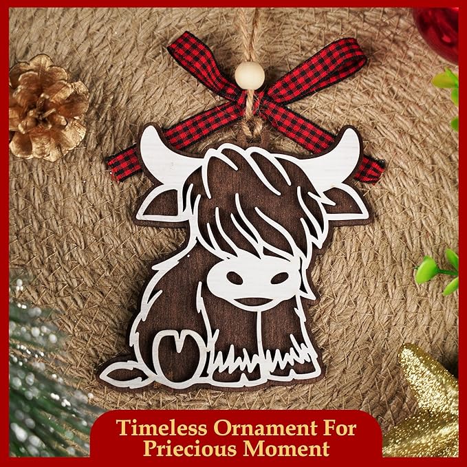 Highland Cow Ornament 2025-2 Layer Wooden Cow Ornaments for Christmas Tree - Highland Cow Gifts for Women - Cow Lover Gifts for Women - Amimal Lover Gift - Farm Animal Ornaments - Farmhouse Ornament