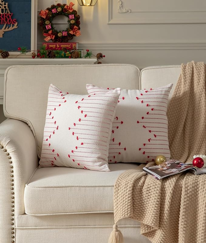 Caflife Boho Christmas Throw Pillow Covers 20x20 Set of 2, Holiday Christmas Decorative Pillow Covers Beige with Red Line for Modern Farmhouse Couch Sofa Bedroom Living Room Outdoor
