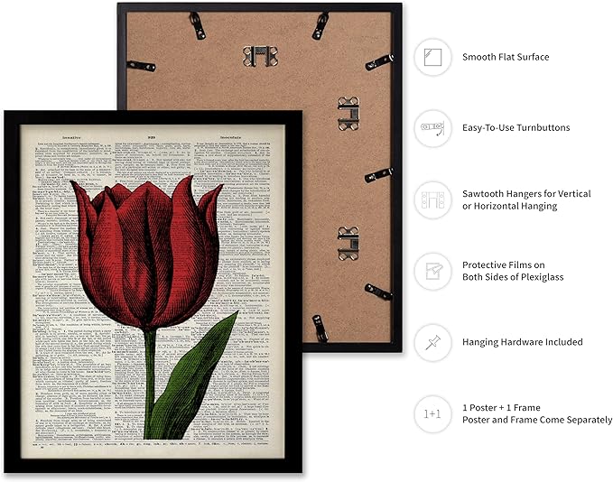 Poster Master Dictionary Art Poster - Tulip Print - Red Flower Art - Floral Art - Gift for Men, Women & Florist - Minimal Decor for Living Room, Bedroom, Dorm or Flower Shop, 8x10 Black Framed