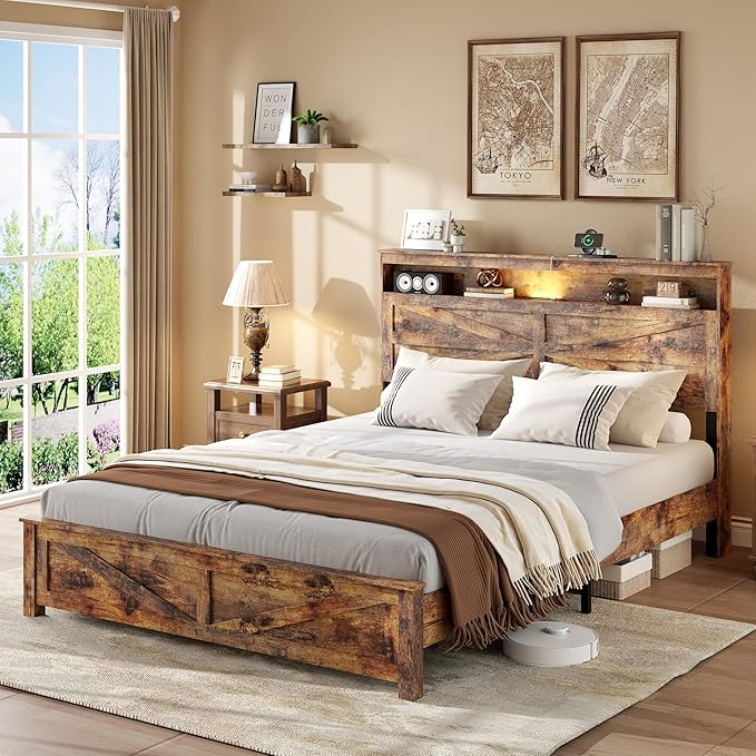 Farmhouse Queen Size Bed Frame with Headboard Storage Shelf, Wood Platform Bed Frame with LED Lights & Charging Station, Rustic Brown Metal Bed, No Box Spring Needed, Noise-Free Sturdy Structure