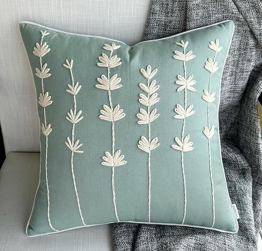 VAGMINE Hand Embroidered Daisy Accent Throw Pillow Cover - 20x20 Inches Square - 100% Cotton Light Teal Decorative Cushion Cover for Couch, Sofa, Bed - Textured Embroidery - Elegant Floral Home Décor