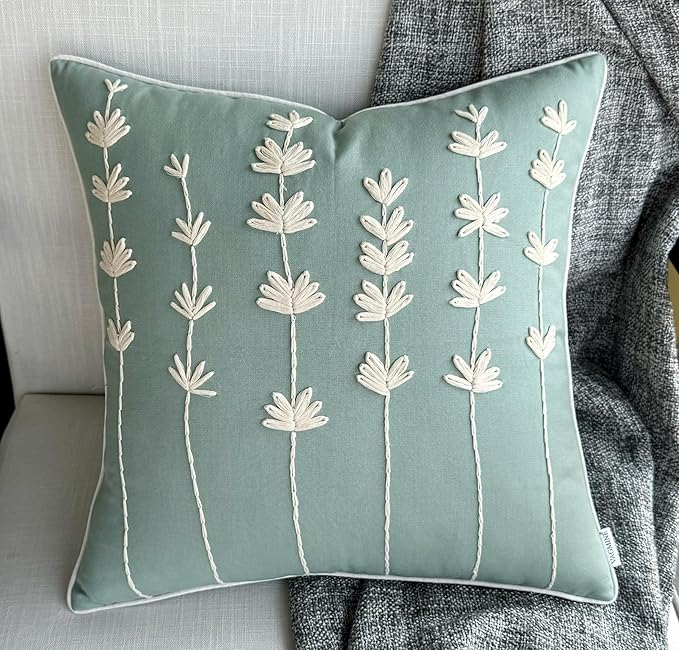 VAGMINE Hand Embroidered Daisy Accent Throw Pillow Cover - 18x18 Inches Square - 100% Cotton Light Teal Decorative Cushion Cover for Couch, Sofa, Bed - Textured Embroidery - Elegant Floral Home Décor