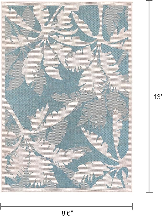 Couristan Monaco Indoor Outdoor Area Rug – Coastal Flora 8'6" x 13' in Ivory Turquoise – Flatwoven, Hose Washable, Pet Friendly Rug for Patio, Porch and Home Decor