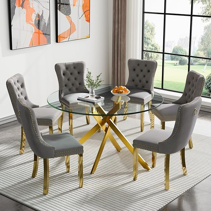 Goujxcy Round Dining Table Set for 6, Modern Glass Kitchen Table and Chairs Set of 6, 7-Piece Dining Room Table Set w/47 Circle Gold Glass Dining Table and 6 Upholstered Velvet Chairs
