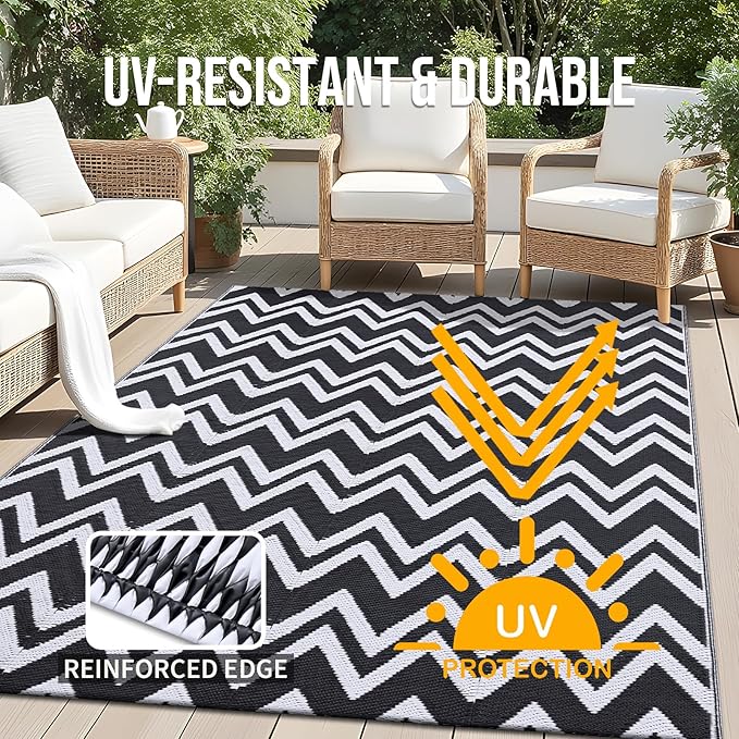OLANLY Waterproof Outdoor Rug 5x8 ft Clearance, Reversible Outdoor Plastic Straw Rug, RV Mat, Indoor Outdoor Carpet for Patio, Camping, Balcony, Deck, Backyard, Black & White
