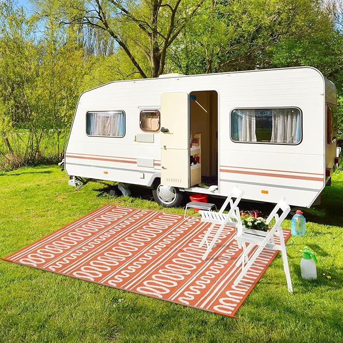 Beeiva Waterproof Outdoor Rug, 6x9 Plastic Outdoor Rug for Patio, Reversible Non Shedding RV Outdoor Mat for Deck, Balcony, Backyard, Porch, Camping, Picnic - Orange