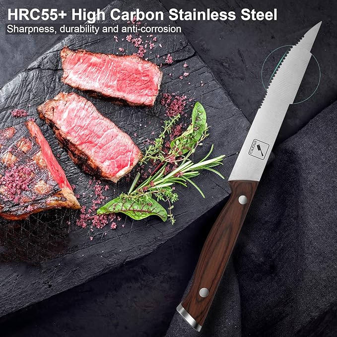 imarku Steak Knives, Serrated Steak knives Set of 6, Japanese HC Steel Knife Set, Premium Serrated Carbon Stainless Steel Steak Knife with Gift Box,9 Inches/Piece, Silver