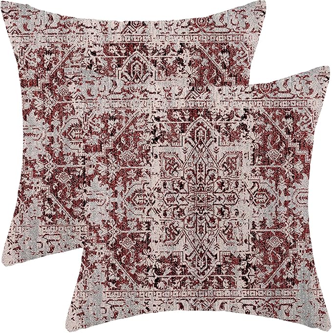 Boho Throw Pillow Covers 18x18 Inch Set of 2, Christmas Burgandy Red Decorative Throw Pillow Covers Carpet Pattern Wine Red Outdoor Cushion Cover for Sofa Couch Farmhouse Room Bed Decor