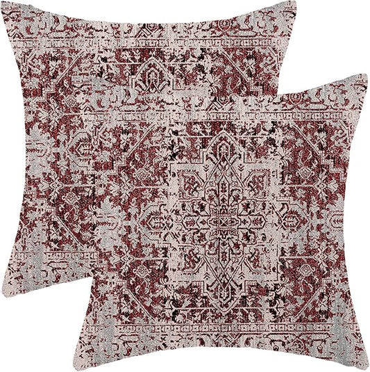 Boho Throw Pillow Covers 18x18 Inch Set of 2, Christmas Burgandy Red Decorative Throw Pillow Covers Carpet Pattern Wine Red Outdoor Cushion Cover for Sofa Couch Farmhouse Room Bed Decor