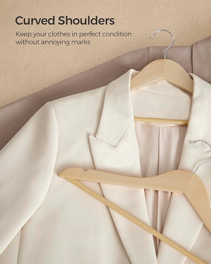 SONGMICS Wooden Hangers, Pack of 12, Coat Hangers, Non-Slip, Pants Bar, 360° Swivel Hooks, for Jackets, Shirts, Coats, Natural Beige UCRW010N12