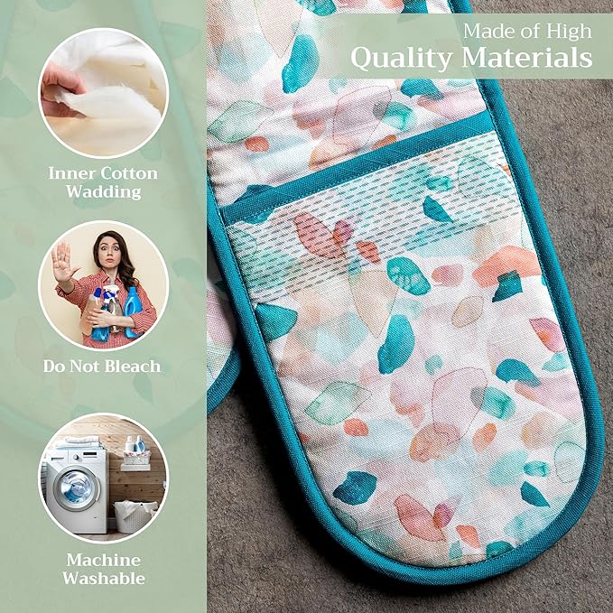 Maison d' Hermine Double Oven Mitts 100% Cotton 7"x35" Double Oven Mitt Heat Resistant BBQ Cooking Gloves with Loop, Baking, Grilling, Home, Kitchen, Handling Hot Pans Spring Summer (Summer Picnic)