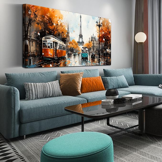 Eiffel Tower Wall Art - Living Room Pictures for Wall - Modern Art Wall Decor Ready to Hang Size 29" x 59"