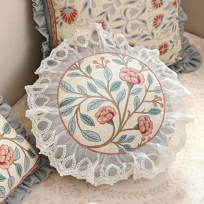 Orange Throw Pillow Covers Set of 4,Cottage Rustic with Blooming Floral Pattern Linen Pillowcases,Decorative Round Square Lumbar Pillows Cushion Covers for Couch Sofa Bed Chair Car