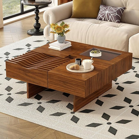 WILLIAMSPACE 33" Square Coffee Table with 3 Drawers, Modern Unique Wooden Center Table with Tempered Glass and Solid Wood Legs, Storage Accent Side End Table for Living Room Apartment, Walnut