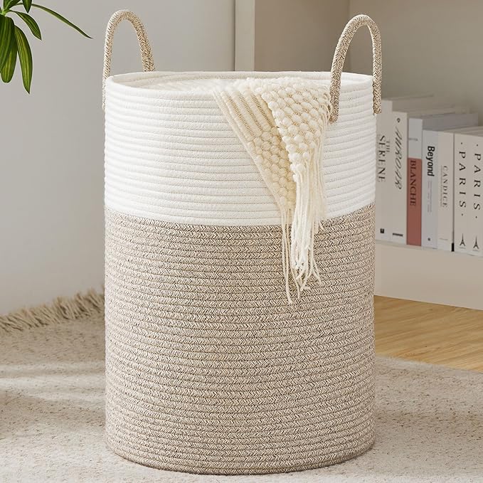 Cotton Rope Laundry Basket by YOUDENOVA, 58L Woven Collapsible Laundry Hamper, Clothes Hamper with Reinforced Handles in the Laundry Room, Bedroom, Bathroom, Brown