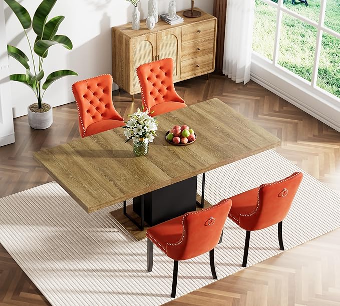 Goujxcy 78.7" Farmhouse Extendable Dining Room Table Set for 4, 5-Piece Rectangle Kitchen Dining Room Table Set with Wood Base and 4 Orange Velvet Dining Chairs, Extending Kitchen & Dining Table Set