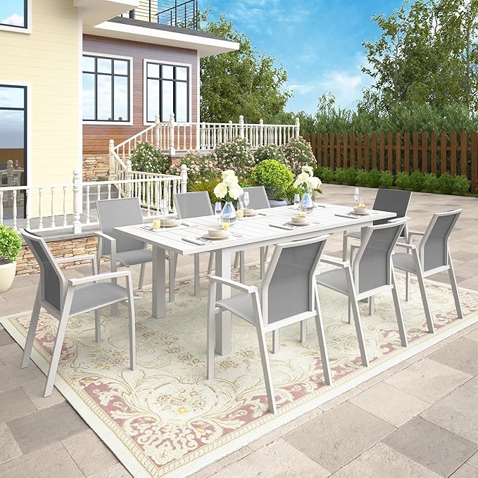 9 Piece Aluminum Outdoor Patio Dining Sets with Fully Assembled Dining Chair，91.3"L×39.4"W Expandable Patio Table and Chairs Set for 8, Stackable Chairs with Quick Drying Fabric, White