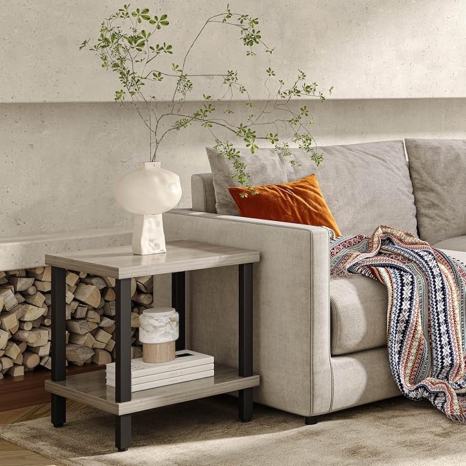 Large End Table Farmhouse Side Table Industrial Style Sofa Table Metal X Accent Wood Coffee Table NightStand with Storage Shelf for Living Room Bedroom Oak Grey MLBZ16Z