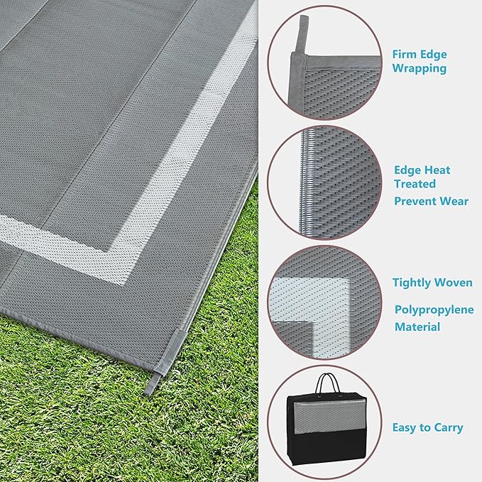 Ogrmar 8x10 FT Reversible Mats, Outdoor Rug for Patio Clearance, Waterproof Carpet, Plastic Straw Rug for Indoor Outdoor, Floor Mat&Rug for RV Porch Camping Backyard Deck Balcony Beach Trailer (Gray)