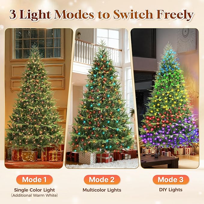 HOLLO STAR 9 ft Prelit Christmas Tree with 1200 LED Lights, App Control, Aspen Artificial Christmas Tree, Multi-Color RGBW Lights, 4432 PE & PVC Branch Tips, for Home, Party