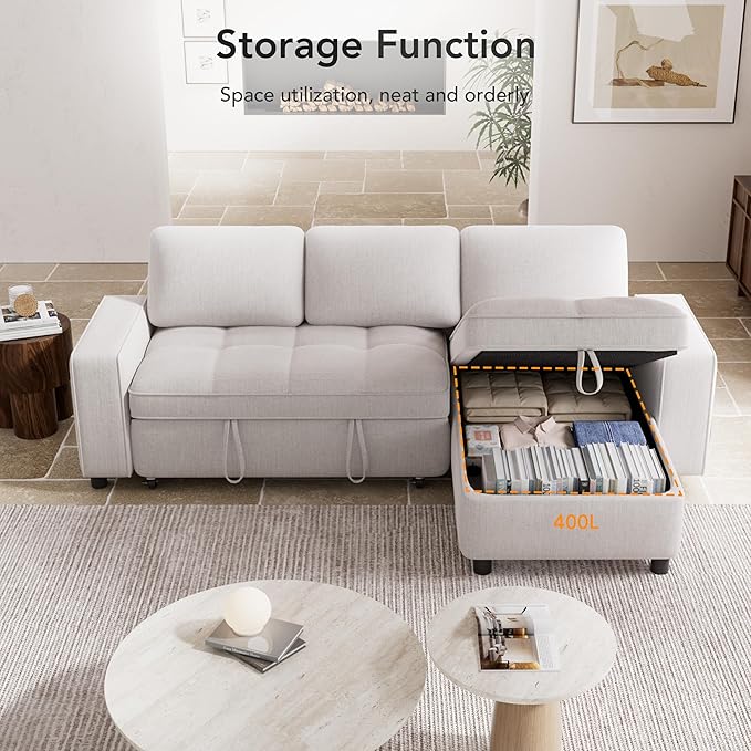 Vipbear Chenille Sleeper Sectional Sofa, 81" L Shaped Couch with Pull Out Bed, Convertible Cloud Sofa with Reclining Backrest | Reversible Storage Chaise | USB Ports | Tool-Free Assembly | Beige