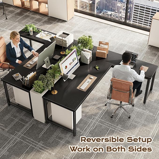 Huuger 63 Inch L Shaped Desk with Power Outlets and USB-C Port, Reversible Computer Desk, Larger Office Corner Gaming Desk, 0.95 Inch Thicker Desktop, Metal Frame, for Home Office, Study, Black