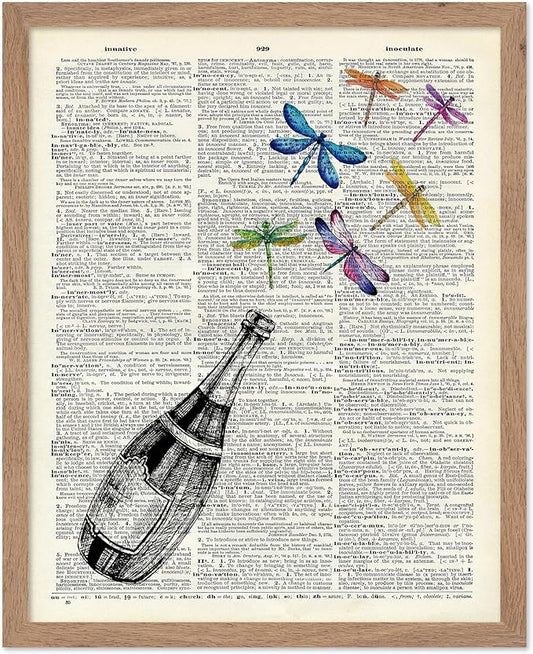 Poster Master Dictionary Art Poster - Champagne Bottle Print - Dragonfly Art - Alcohol Art - Gift for Men, Women & Bartender - Great Decor for Bar, Kitchen or Restaurant, 16x20 Beige Framed