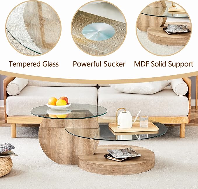 Glass Coffee Table, Modern Round Glass Coffee Table with Wooden Base, 3 Tier Round Coffee Table, Clear Cocktail Table with Storage for Living Room, Office, Balcony, Light Wood