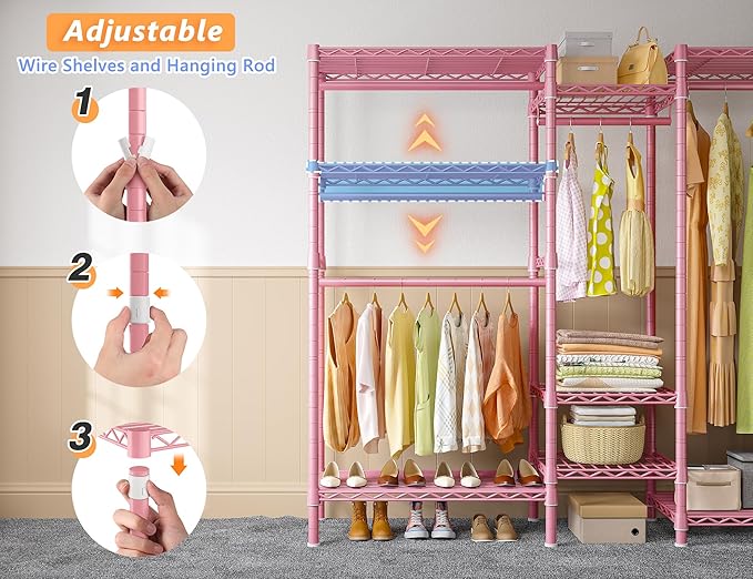 Raybee Clothes Rack Heavy Duty Clothing Racks for Hanging Clothes Adjustable Wardrobe Closet Hanging Clothes Rack Garment Rack, Pink, 13.9" D x 70.6" W x 77" H
