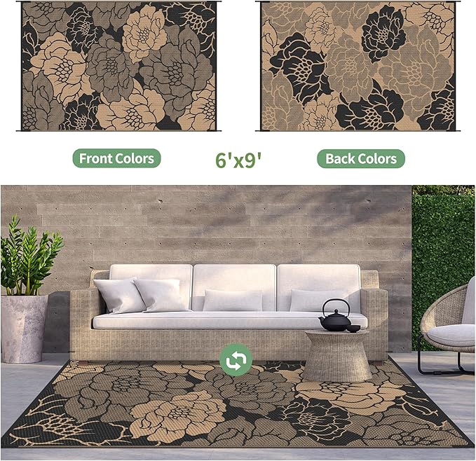 GENIMO Outdoor Rug Waterproof for Patio Decor, 6' x 9' Reversible Plastic Straw Floral Camping Carpet, Large Area Rugs Mats for RV, Camper, Deck, Balcony, Porch, Beach, Picnic, Mix-Black & Brown