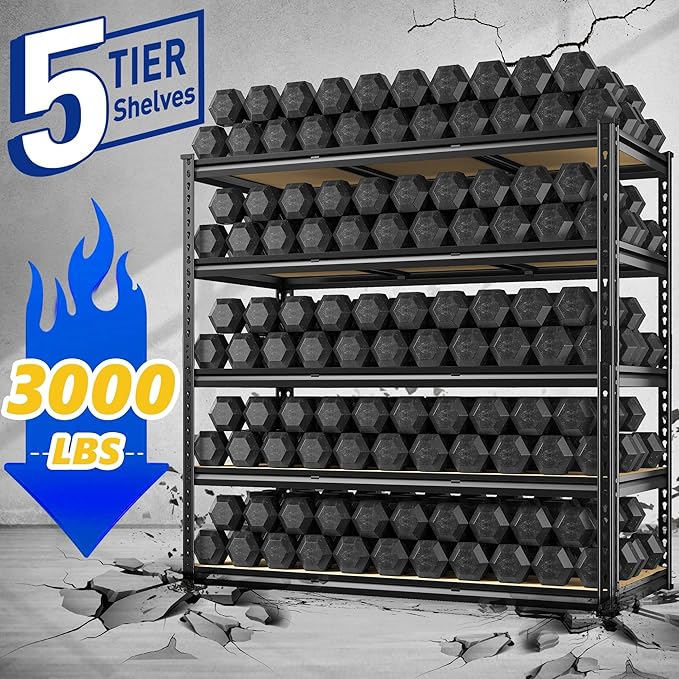 REIBII 48" W Garage Shelving Heavy Duty, 3000LBS Storage Shelves, 5-Tier Adjustable Metal Shelving, Garage Shelves Sturdy Industrial Shelf, Easy Assemble, 72" H x 48" W x 18" D