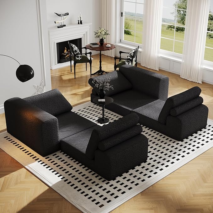Cloud Modular Sectional Sofa, DIY Combination Modular Couch for Living Room, Unique Knitted Fabric Love Seat Couches with 2 Pillows, 2 Seater Comfy Sectional Couch with No Assembly (Black)