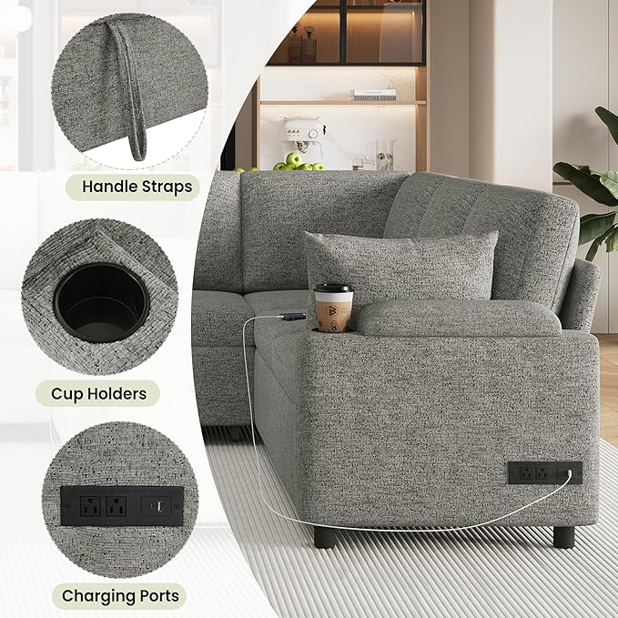 Ball & Cast 109.9" Sectional Sofa with Pull Out Bed, Chenille Upholstered Sleeper Sofa Bed with Storage Chaise, Convertible U Shaped Couch with Two Cup Holders and Charging Ports ，Light Grey