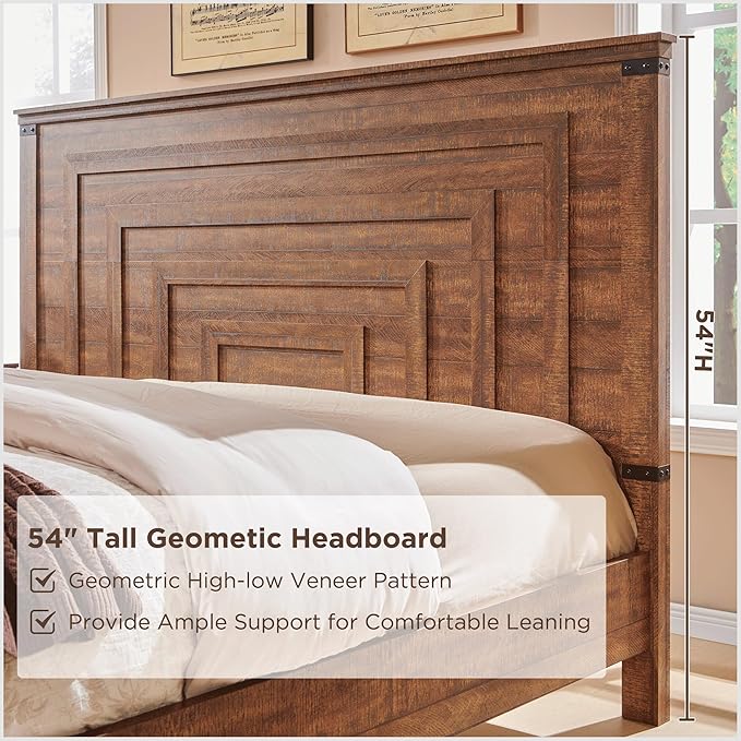 RedLemon Farmhouse Queen Size Bed Frame w/ 54" Tall Geometric Headboard, Rustic Wood Platform Bed w/ 2 Large Storage Drawers, Wood Slats Support, Noise Free, No Box Spring Needed, Reclaimed Barnwood
