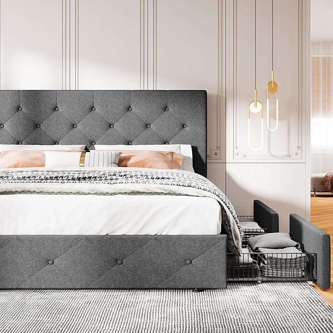 MUTICOR Queen Size Bed Frame with 4 Storage Drawers, Upholstered Platform Bed with Button Tufted Adjustable Headboard, No Box Spring Needed, Easy Assembly, Diamond Tufted, Dark Grey Fabric