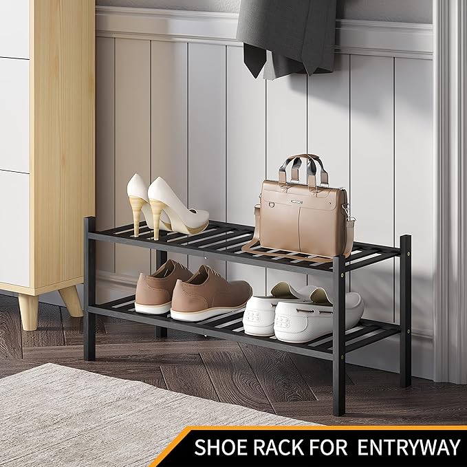 Shoe Rack, 2-Tier Bamboo Stackable Shoe Shelf Storage Organizer, Shoe Stand for Closet, Entryway and Hallway