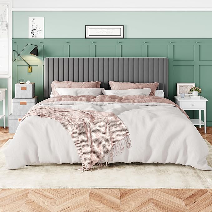 Allewie King Bed Frame, Velvet Upholstered Platform Bed with Adjustable Vertical Channel Tufted Headboard, Mattress Foundation with Strong Wooden Slats, Box Spring Optional, Easy Assembly, Grey