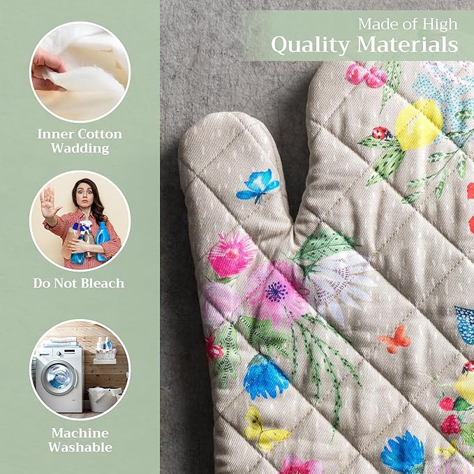 Maison d' Hermine Oven Gloves 100% Cotton Oven Mitt 7" x 13" with Loop Heat Resistant, BBQ, Cooking Gloves, Baking, Grilling, Kitchen, Handling Hot Pans Spring/Summer (Pack of 1, Jardin D'Ete - Fog)