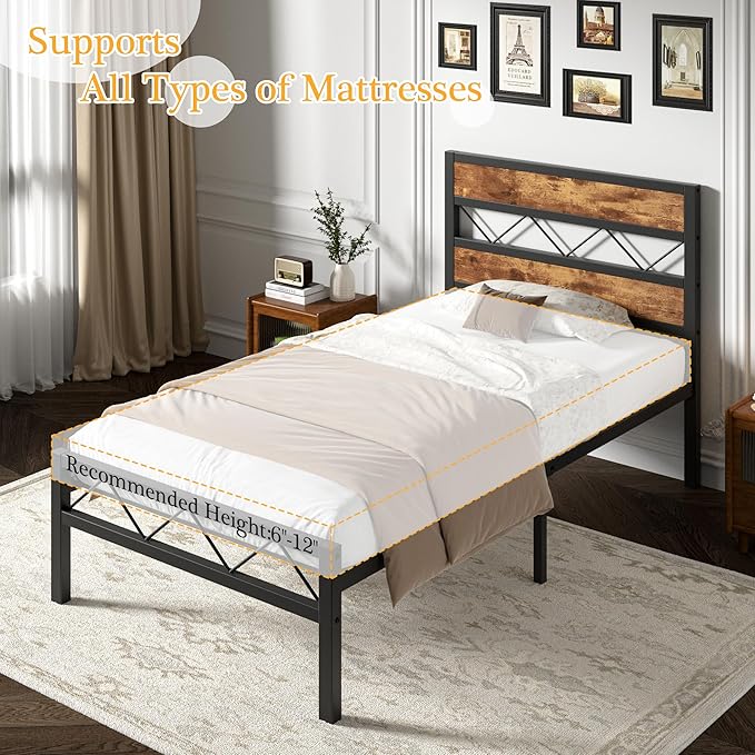 VECELO Twin Size Bed Frame with Headboard, Heavy-Duty Platform Bedframe with Metal Slats Support, No Box Spring Needed, Easy Assembly, Black & Brown